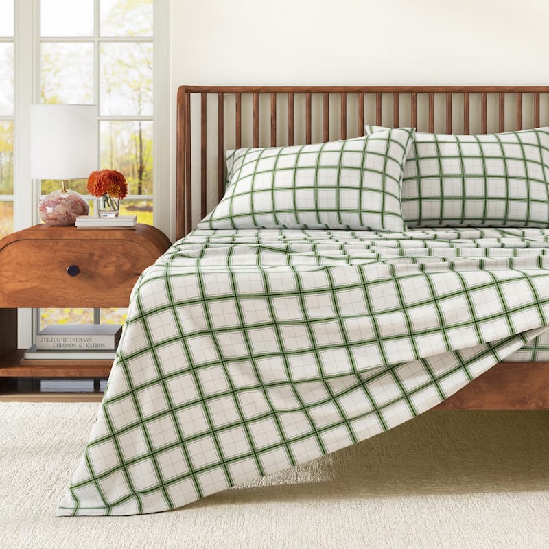 Linery & Co. Ultra-Soft Turkish Cotton Plaid Flannel Sheet Set - Twin - Block Plaid - Green/Grey