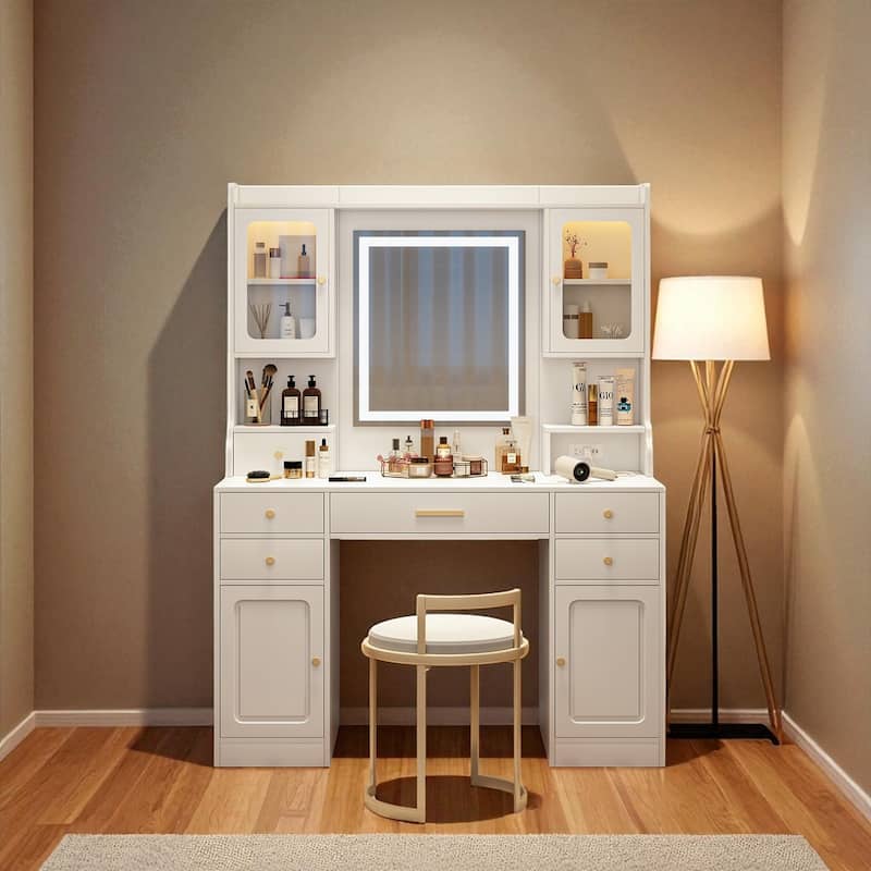 Large Vanity Table Set with Mirror, 6 Drawers, Shelves & Storage, Modern Makeup Dressing Desk with Golden Handles - White