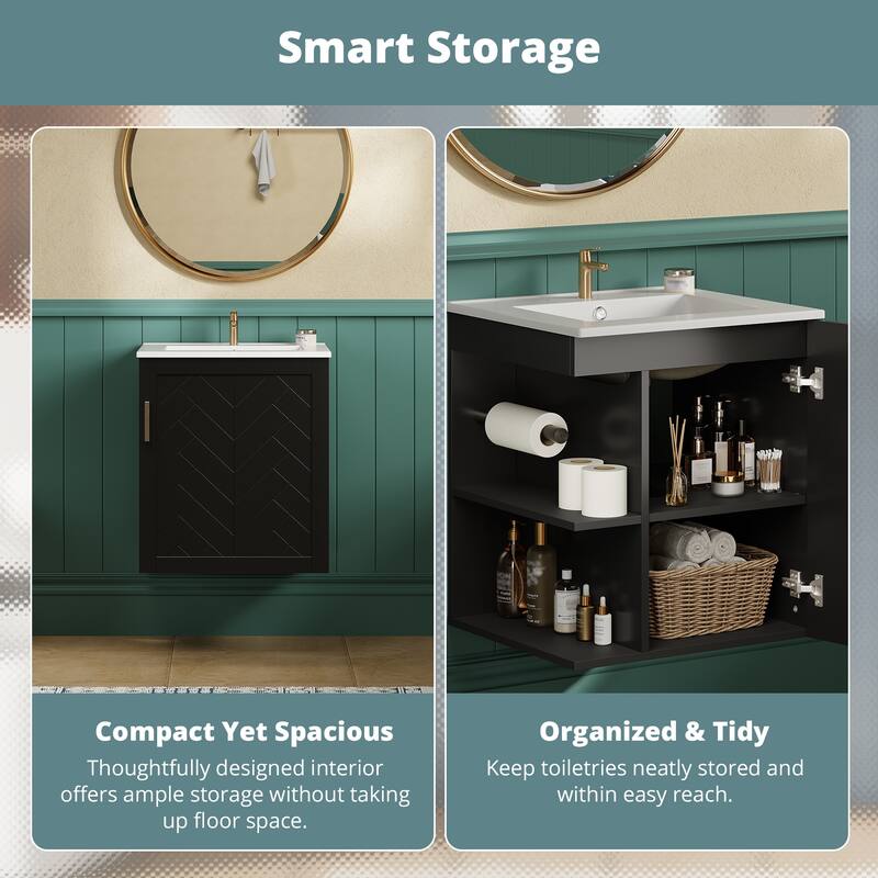 20" Wall Mounted Bathroom Vanity Combo - with Side Cabinet & Soft-Close Door, Modern Bathroom Vanity with Sink