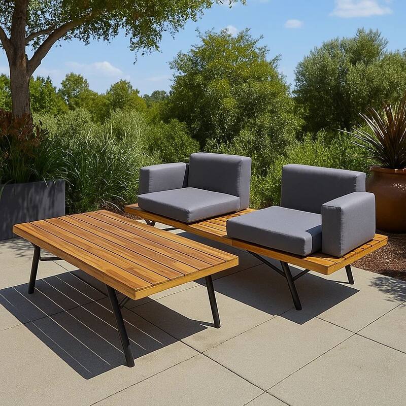 Outdoor Loveseat and Coffee Table Set, Acacia Wood, Black Iron, Gray