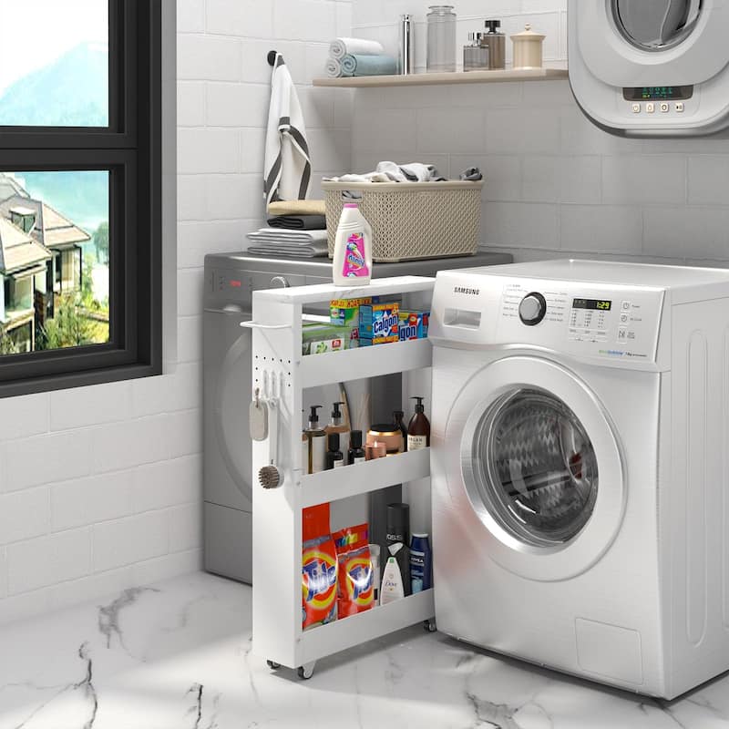 Slim Storage Cart, 4-Tier Kitchen Rolling Cart Narrow Storage Cabinet with Handle & Wheels, Metal Rolling Shelf Unit