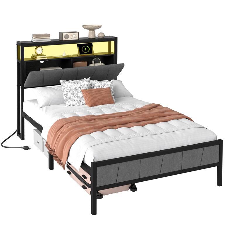Storage Upholstered Platform Bed with LED Lighting Included and Built In USB Port