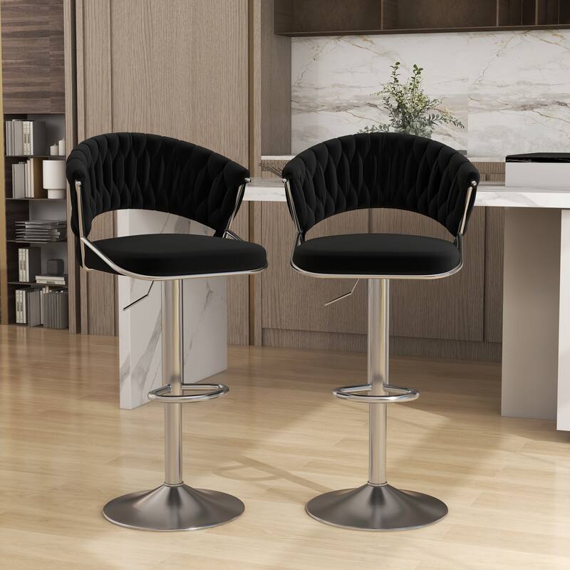 Set of 2 Modern Velvet Adjustable Bar Stools with Backs - Set of 2 - Black Silver