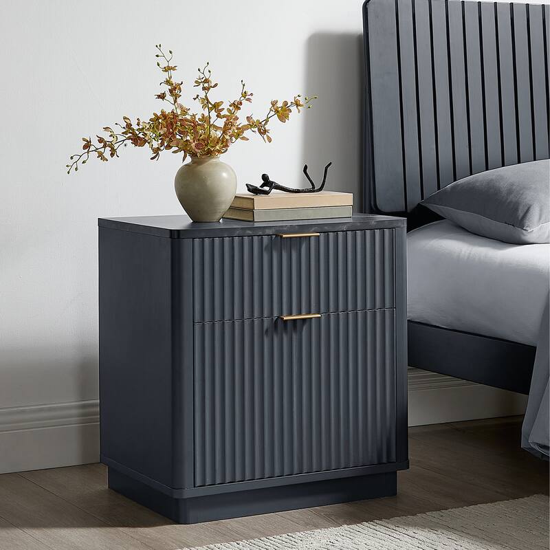 Modern Fluted Nightstand with Charging Station, 2 Drawer Bedside Table - Grey