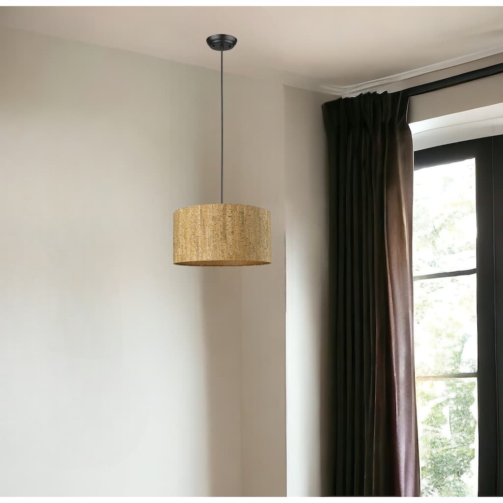 HomeRoots Matte Black Cork Shade Modern One Light Hanging Pendent Lamp - 17.75' X '9' X '17.75