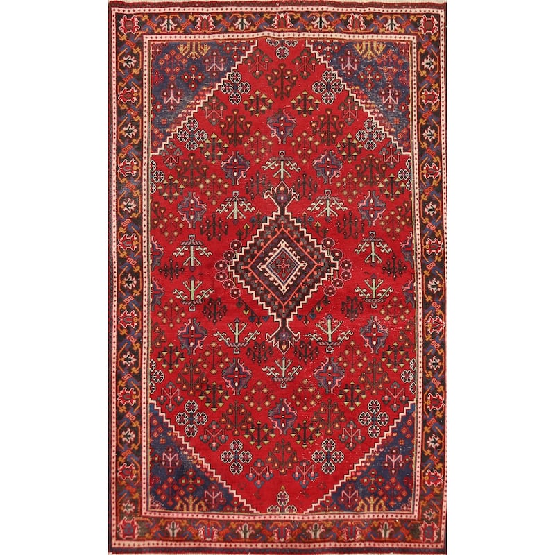 Red Geometric Joshaghan Persian Area Rug Handmade Wool Carpet - 4'3" x 6'11"