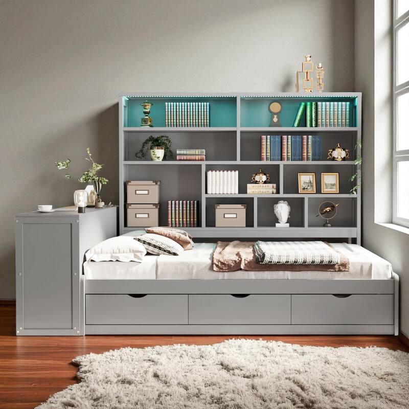 Full Size Wooden Daybed with Desk, Shelves & Lights, 3 Drawers, Reversible Layout, 76 x 68.9 x 65.2 in - Grey - Full