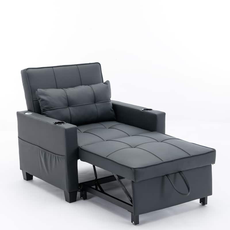 Black 68.12" Faux Leather 3-in-1 Single Convertible Pull Out Sofa with USB Ports and Wear-resistantfor Living Room - Black