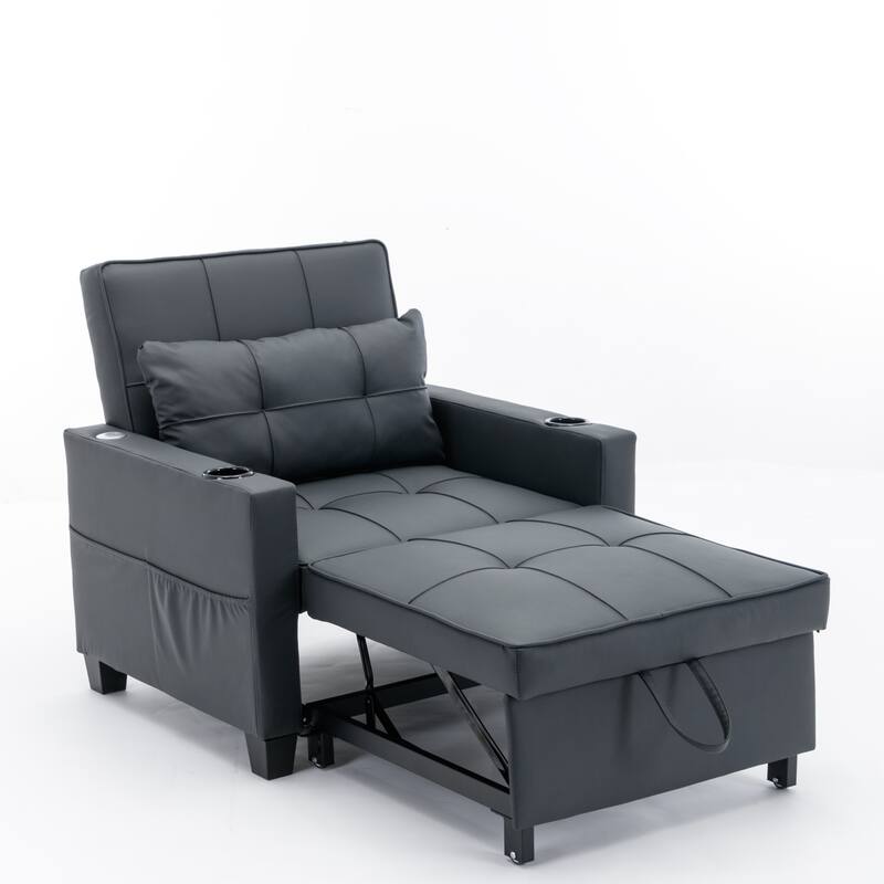 Leather Futon Armchair Bed with USB, Cup Holders & 3-Position Backrest - Black