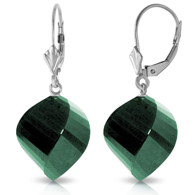 14K Solid Gold Leverback Earrings Twisted Briolette Emeralds - White