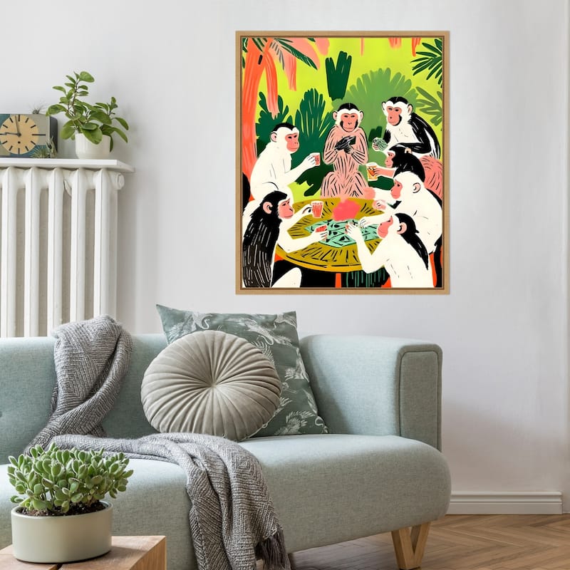 Monkey Poker a Royal Flush by Uma Gokhale Framed Canvas Wall Art