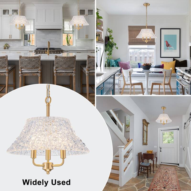 3-Light Pendant Light with Handblown Ripple Glass Kitchen Fixture - Dia.15-in