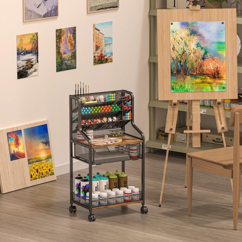 Small Rolling Utility Cart with Drawer - 11.06"D x 16.61"W x 31.65"H