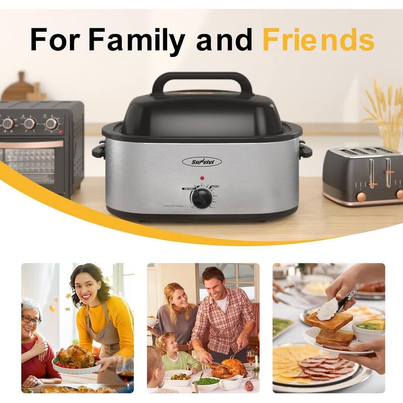 22qt Roaster Oven with Transparent Glass Lid Window, Removable Pan & Rack, Stainless Steel, Silver