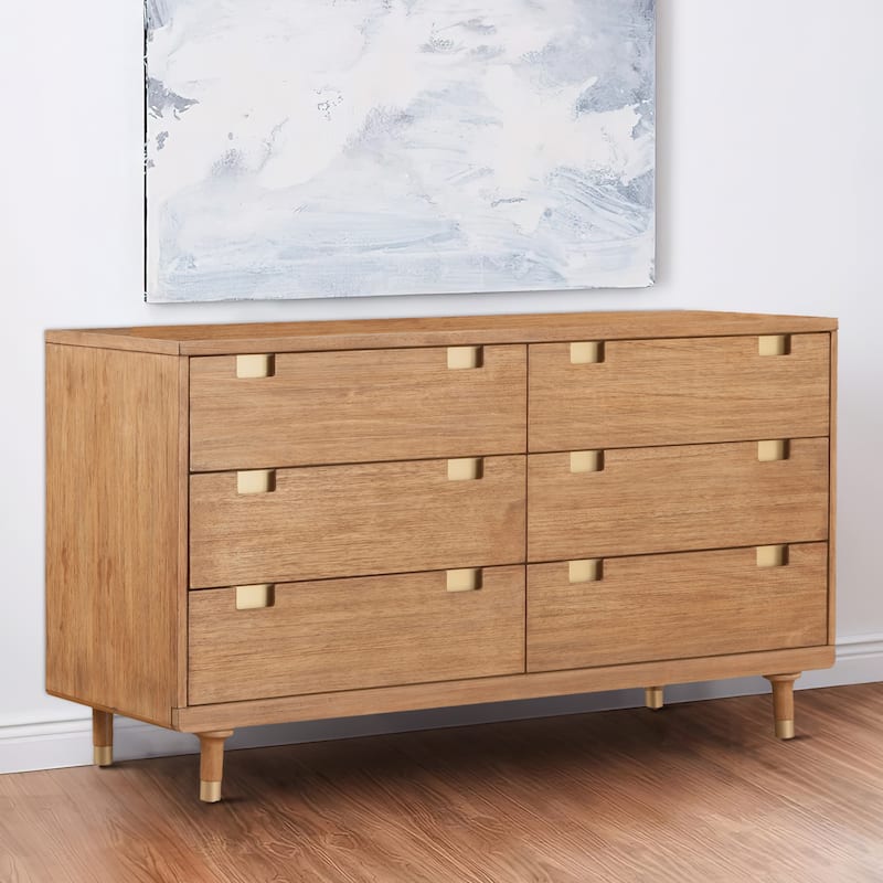 60 Inch 6 Drawer Wooden Dresser with Cutout Pulls, Brown