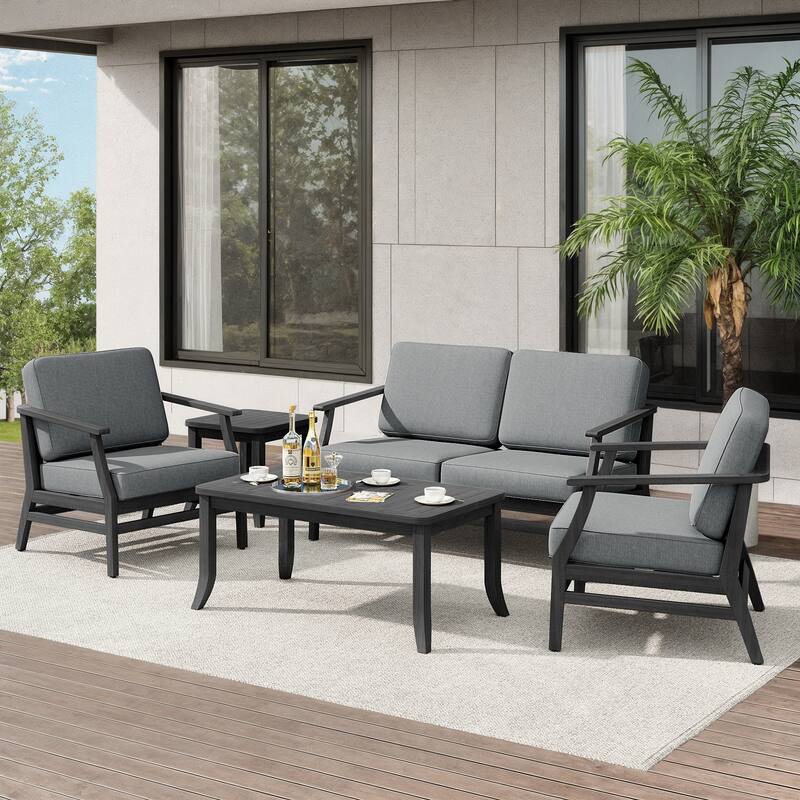 Teak Outdoor Patio Seating Set with Loveseat, Chairs and Tables (5-Piece) - Light Grey - Black Wood