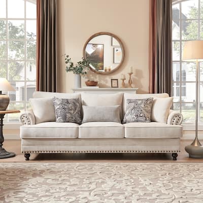 Morden Fort Chenille Fabric Sofa with Rolled Arm and Nailhead Trim