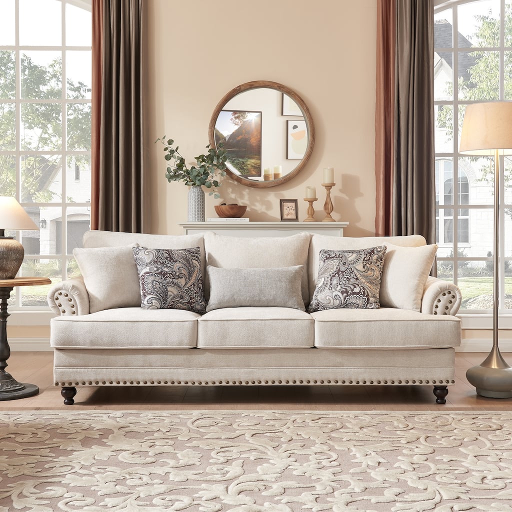Morden Fort Chenille Fabric Sofa with Rolled Arm and Nailhead Trim