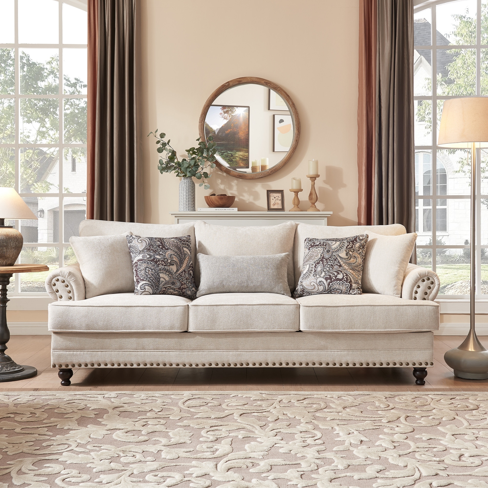 Morden Fort Chenille Fabric Sofa with Rolled Arm and Nailhead Trim