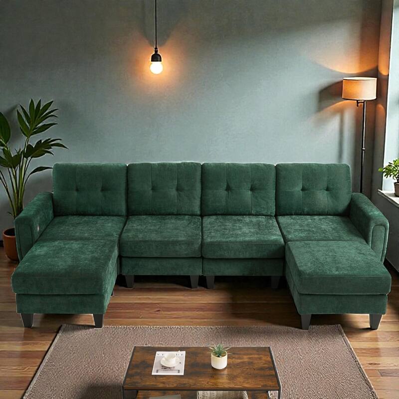 Modern 115" U-Shaped Modular Sectional Sofa with 2 Ottomans, USB Charging Ports, Foldable Side Tables, Chenille Upholstery