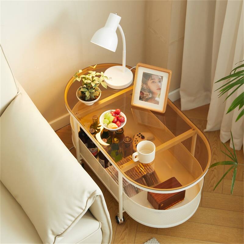 Movable Oval Metal Glass Coffee Table with Storage
