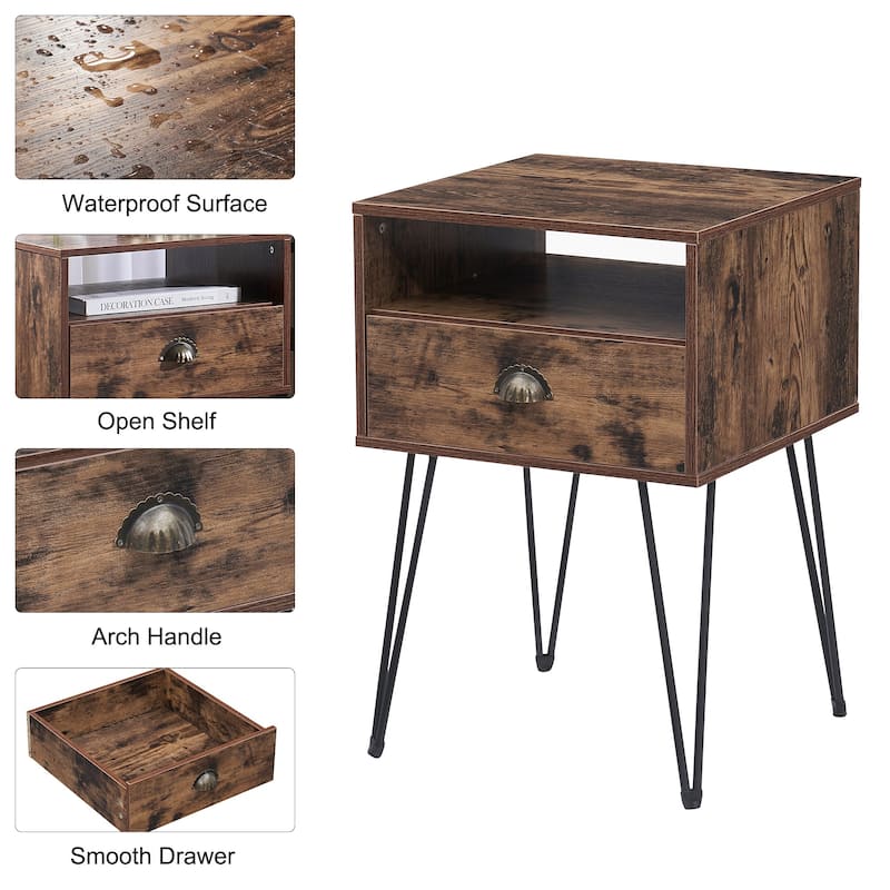 Javlergo Set of 2 Nightstand with Open Compartment & Drawer V-Shaped Metal Legs for Bedroom Living Room