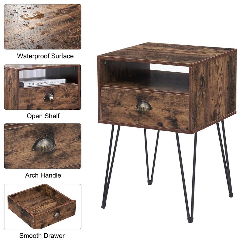 VECELO Mid Century Modern Nightstand with Drawer Open Shelf V-Shaped Metal Legs End Table for Bedroom Living Room