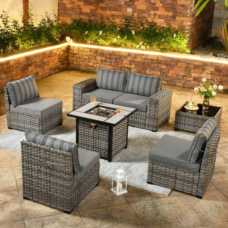 OVIOS Patio Wicker Furniture Wide Arm 7-piece Fire Pit Set with Table