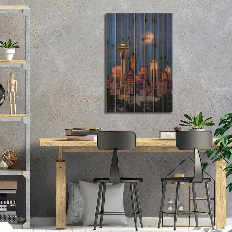 Seattle Skyline And Super Moon At Dusk, Seattle, Washington State Print On Wood by Adam Jones - Multi-Color