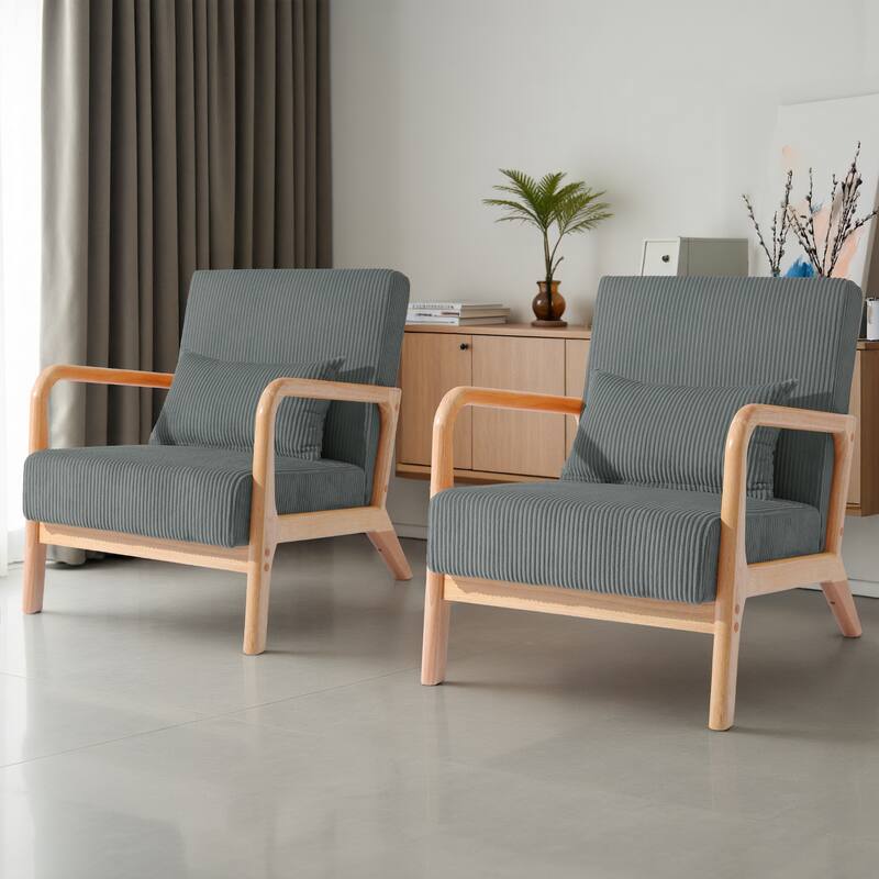 Modern Upholstered Accent Chair with Wood Legs Set of 2 - Natural Frame - Grey/Brown