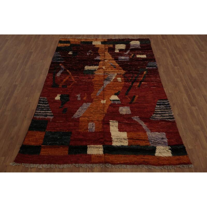 Hand Knotted Oriental 100% Wool Carpet Modern Tribal Red Moroccan Area Rug - 9' 8'' X 6' 6''