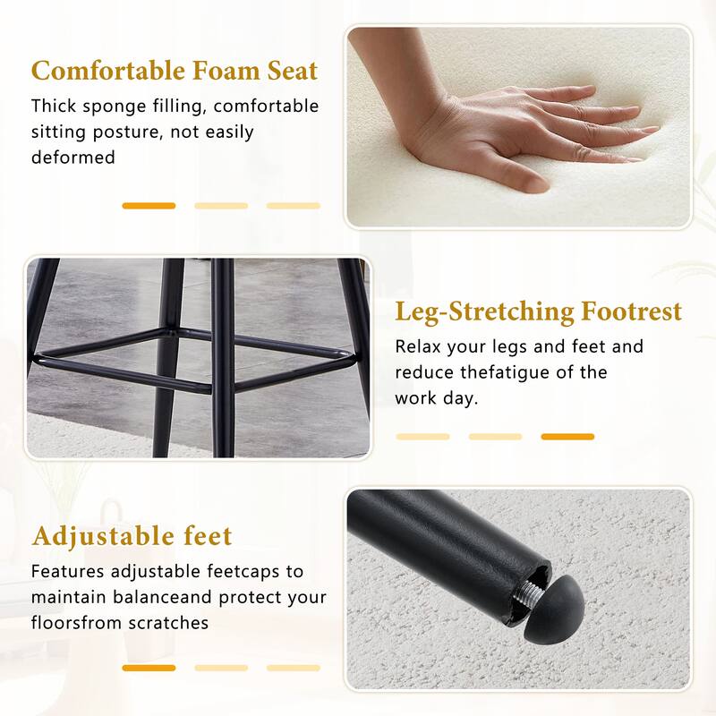 Set of 2 Velvet Bar Stools with Black Iron Legs, Modern Counter Height Stools for Home Bar