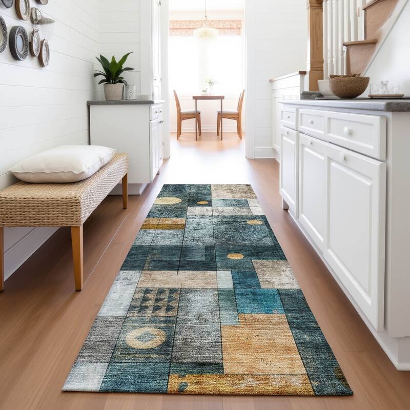 Premium Washable Super Soft Contemporary Orbit Mayfield Rug - Teal - 2'3" x 7'6"