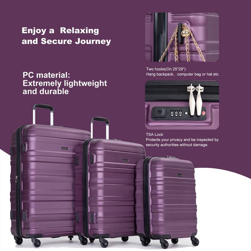 Expandable 3 Piece Luggage Sets PC Lightweight & Durable Suitcase with Two Hooks, Spinner Wheels, TSA Lock, (21/25/29)