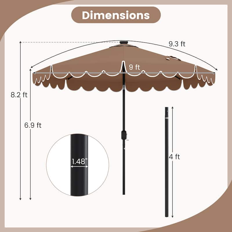 9.3 FT Outdoor Patio Polyester Umbrella with Solar LED Lights and Tilt Crank Metal Frame for Garden Deck