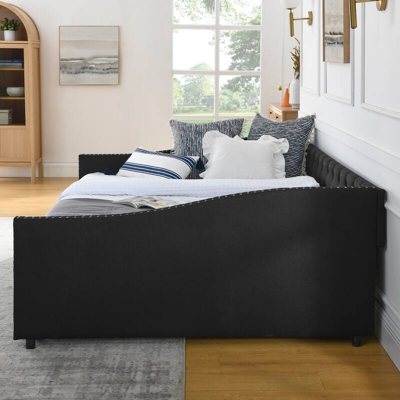 Tufted Button Daybed with 2 Storage Drawers/Upholstered Sofa Bed Frame w/Copper Nail on Waved Shape Armrests/No Spring Box Need