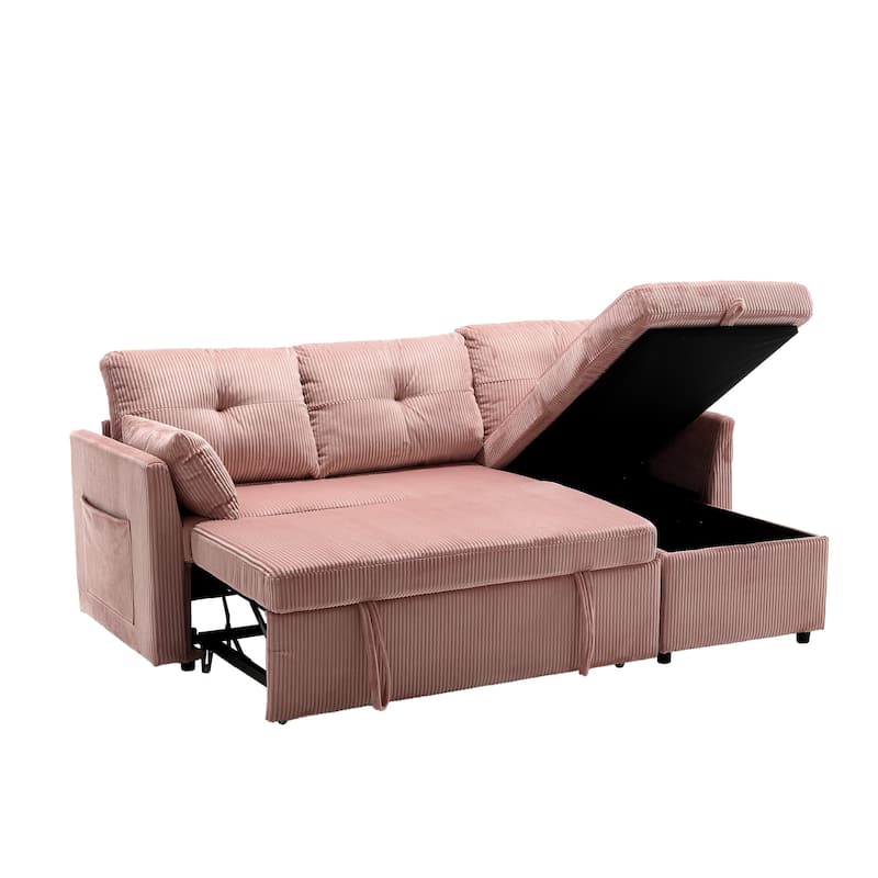 Corduroy/Chenille Upholstered L-Shaped Storage Reversible Chaise Sectional Sofa with Side Pocket