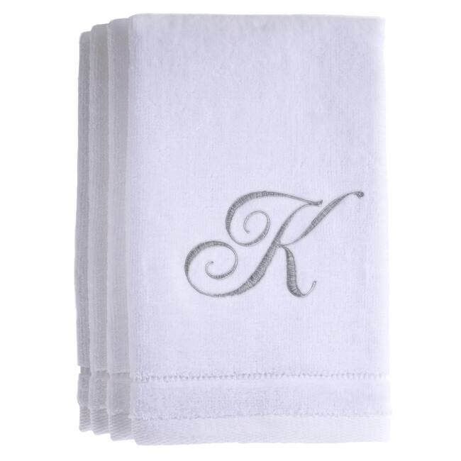 Monogrammed White Fingertip Towel Set of 4 Embroidered with Initial - K