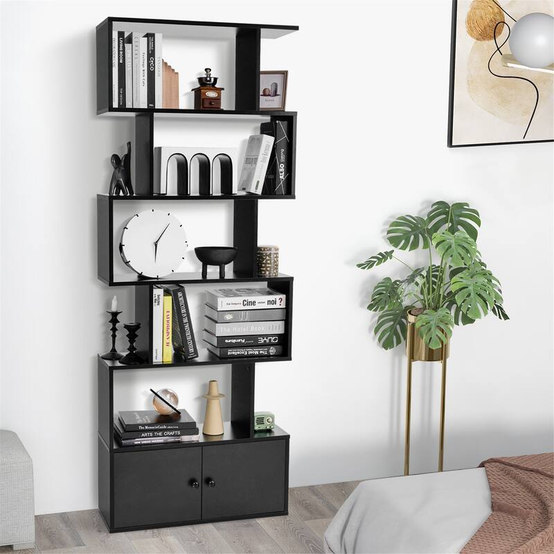 Gymax 2PCS 6-Tier Shaped Bookshelf w/ Cabinet 6-Tier Tall Bookcase w/