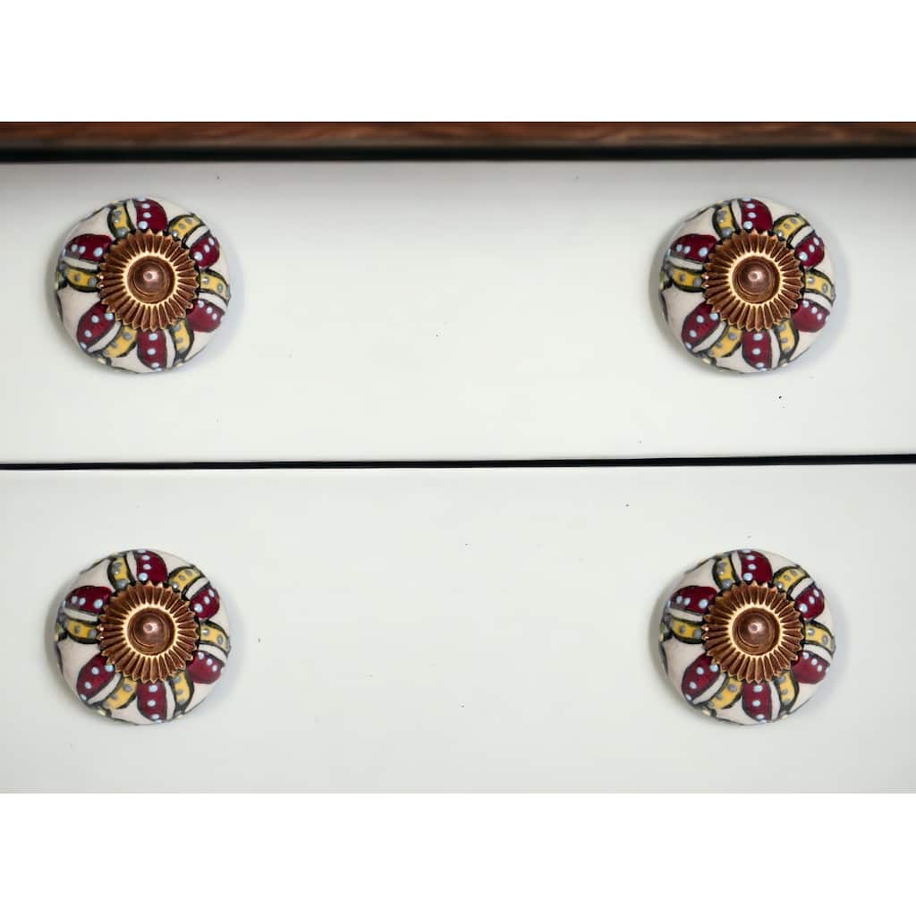 HomeRoots Set Of Eight Red And Yellow Botanical Ceramic Drawer Pull Knobs - 1.5" x 1.5" x 1.5"