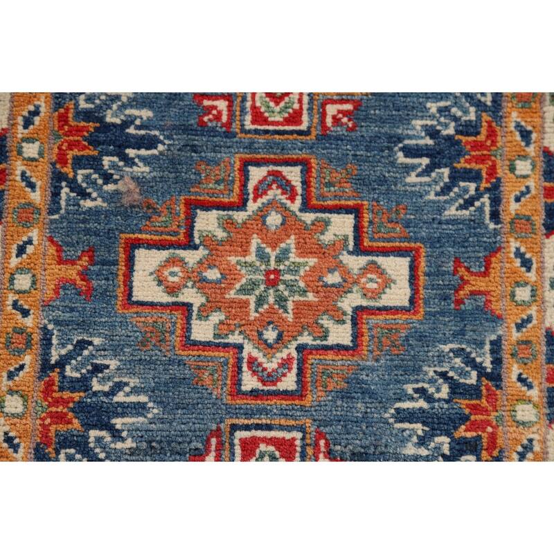 Hand Knotted Oriental 100% Wool Carpet Traditional Geometric Navy Blue & Blues Kazak Area Rug - 3' 1'' X 1' 11''