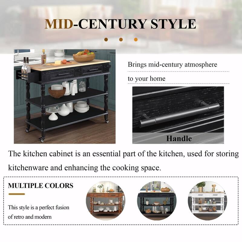 Rolling Kitchen Island Cart with Solid Oak Wood Top, Wine and Spice Rack