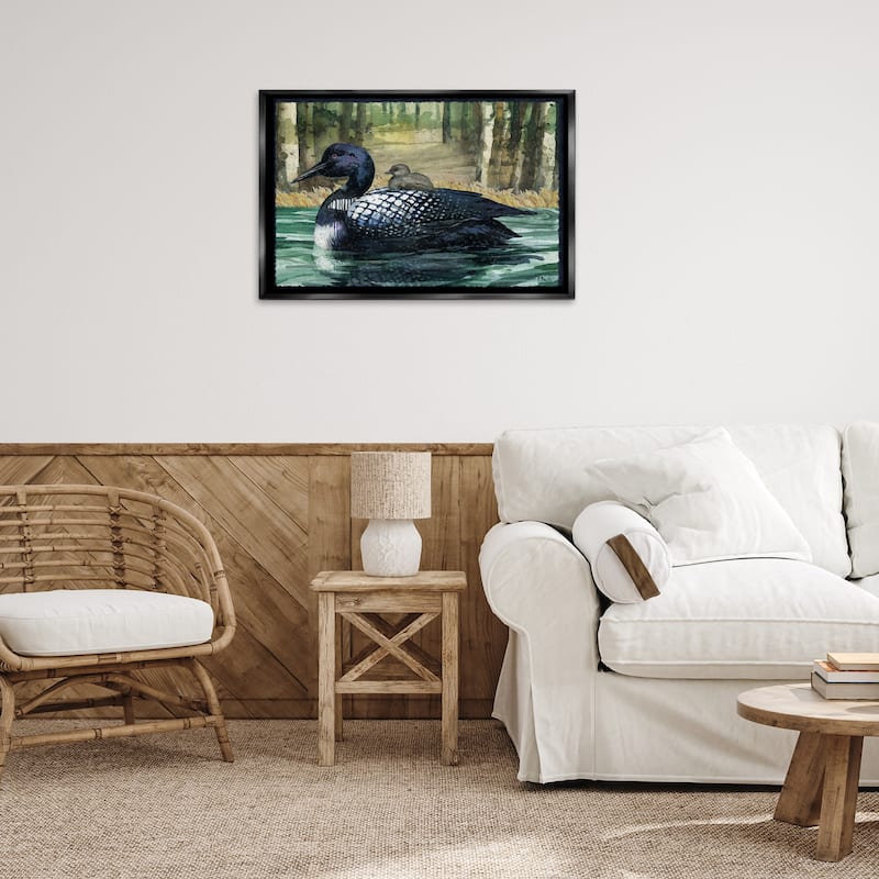 Stupell Loon with Baby on Lake Framed Floater Canvas Wall Art Design By Paul Brent