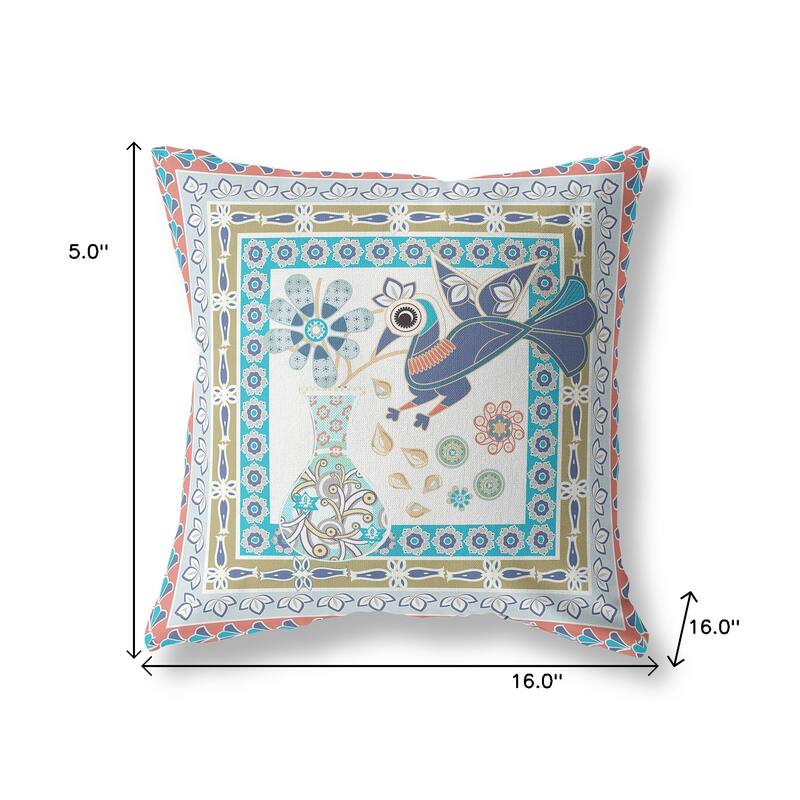 HomeRoots 16" x 16" Light Green Peacock Blown Seam Floral Indoor Outdoor Throw Pillow - 16.00' X '5.00' X '16.00
