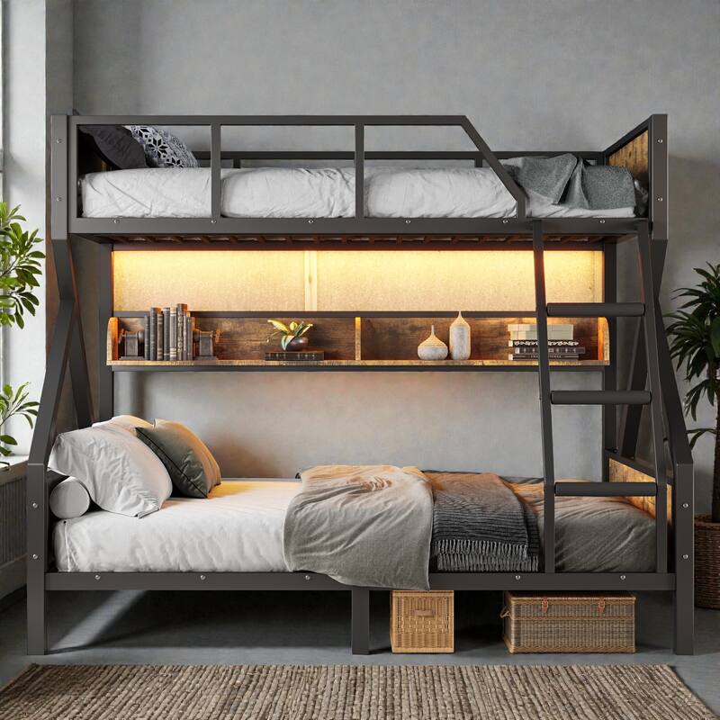 Space-Saving Metal Bunk Bed with Shelves, LED Strip Lighting, Guardrails and Woodgrain Panels, Multiple Size Options - Black - Full
