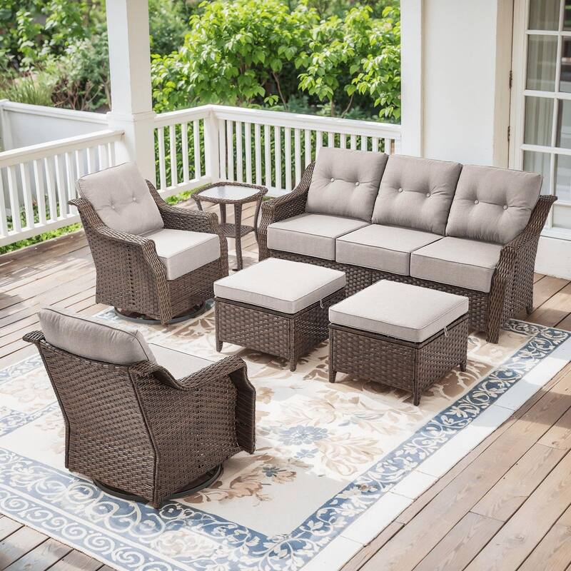 Outdoor Wicker Rattan Sofa Set for Garden - Brown Wicker & Beige Cushion - 6PCS Sofa Glider Chair with Ottoman