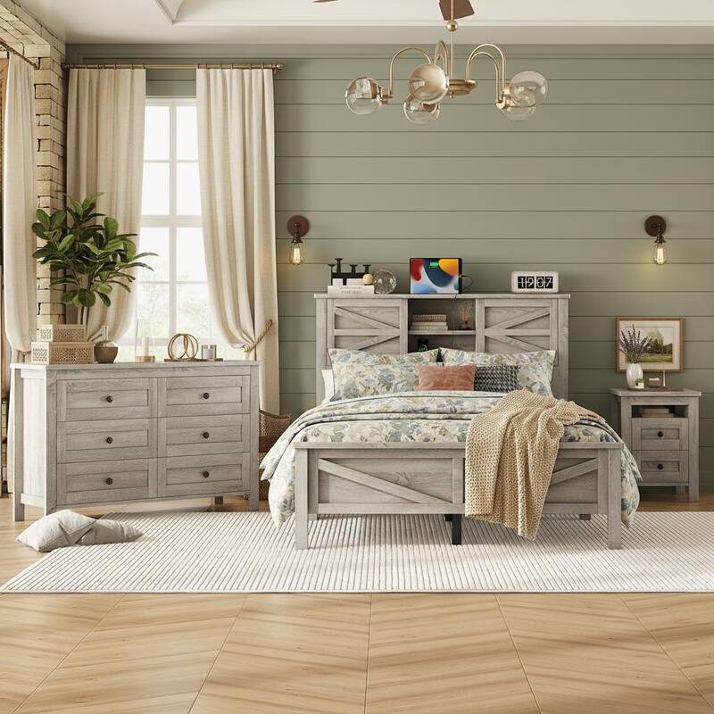 Farmhouse 3-Piece Bedroom Set with Sliding Storage Headboard & Charging Station by Harper&Bright Designs