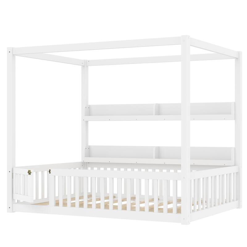 Montessori-Inspired Design Canopy Bed Kids Solid Wood Floor Bed Frame with Built-in Storage Shelves and Child-Safe Guardrails