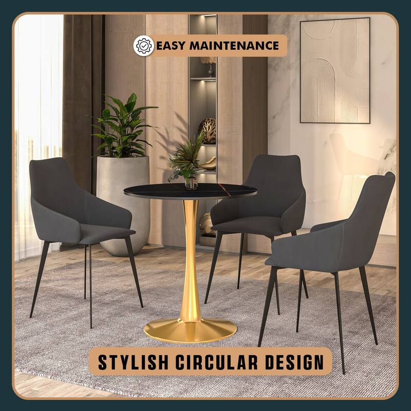 Bristol 27" Round Dining Table Sintered Stone Top & Gold Finish Stainless Steel Pedestal Base for Kitchen and Dining Room