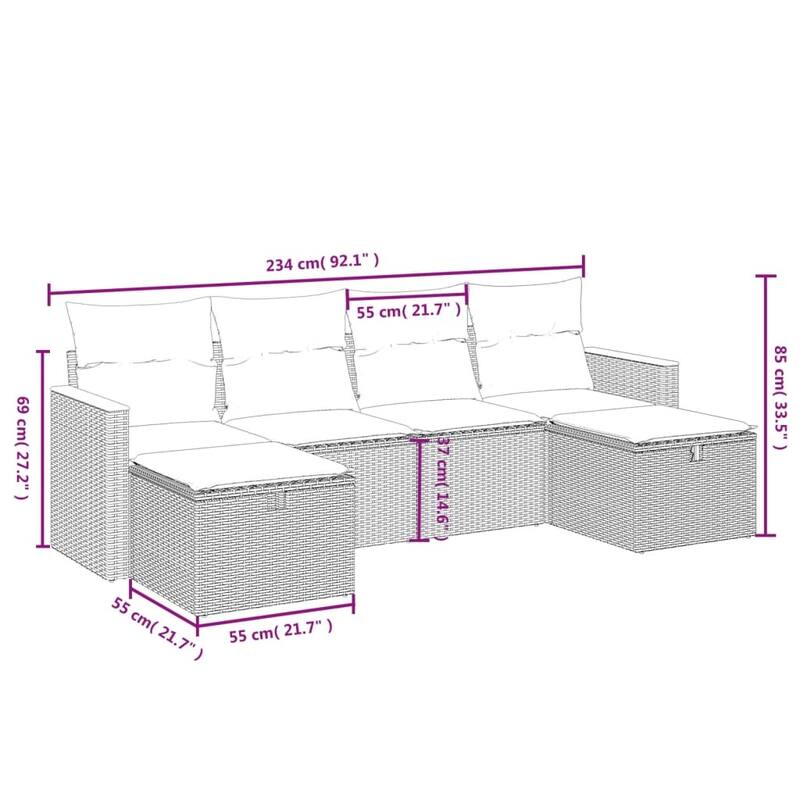 vidaXL 6 Piece Patio Sofa Set with Cushions Gray Poly Rattan - 21.7" x 24.4" x 27.2"